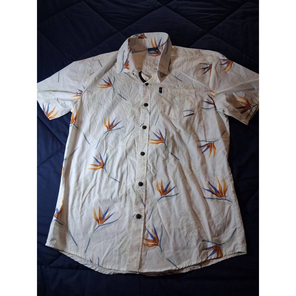 Aisokula Fiji Mens XL Slim Fit Bird of Paradise Tropical Button Down Shirt White